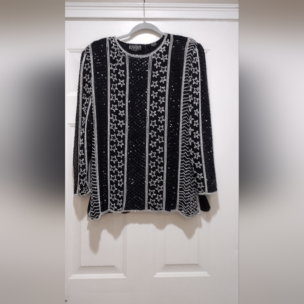 Vintage Jakelin Designs Womens Silk Blouse Sequins Beaded Lined Black Size 2X